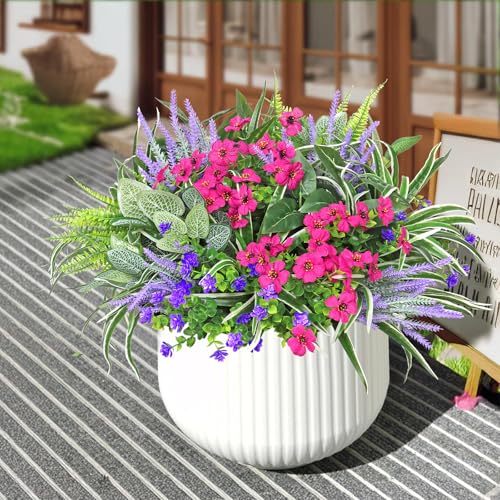 UXORSN 20PCS Artificial Plants Outdoor Fake Flowers UV Resistant Artificial Flowers Greenery Stems Boston Fern Lavender Faux Shrubs Plastic Plant for Garden Porch Planter Window Box Decor