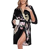 BestWendding Women's Short Satin Robes Bride Bridesmaid Silky Robes Lightweight Kimonos Peacock and Floral Dressing Gown