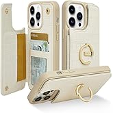 CUSTYPE for iPhone 14 Pro Phone Wallet Case with Card Holder,Ring Holder Kickstand Card Slots,Flip Leather Case Women and Men for iPhone 14 Pro 6.1"-Beige