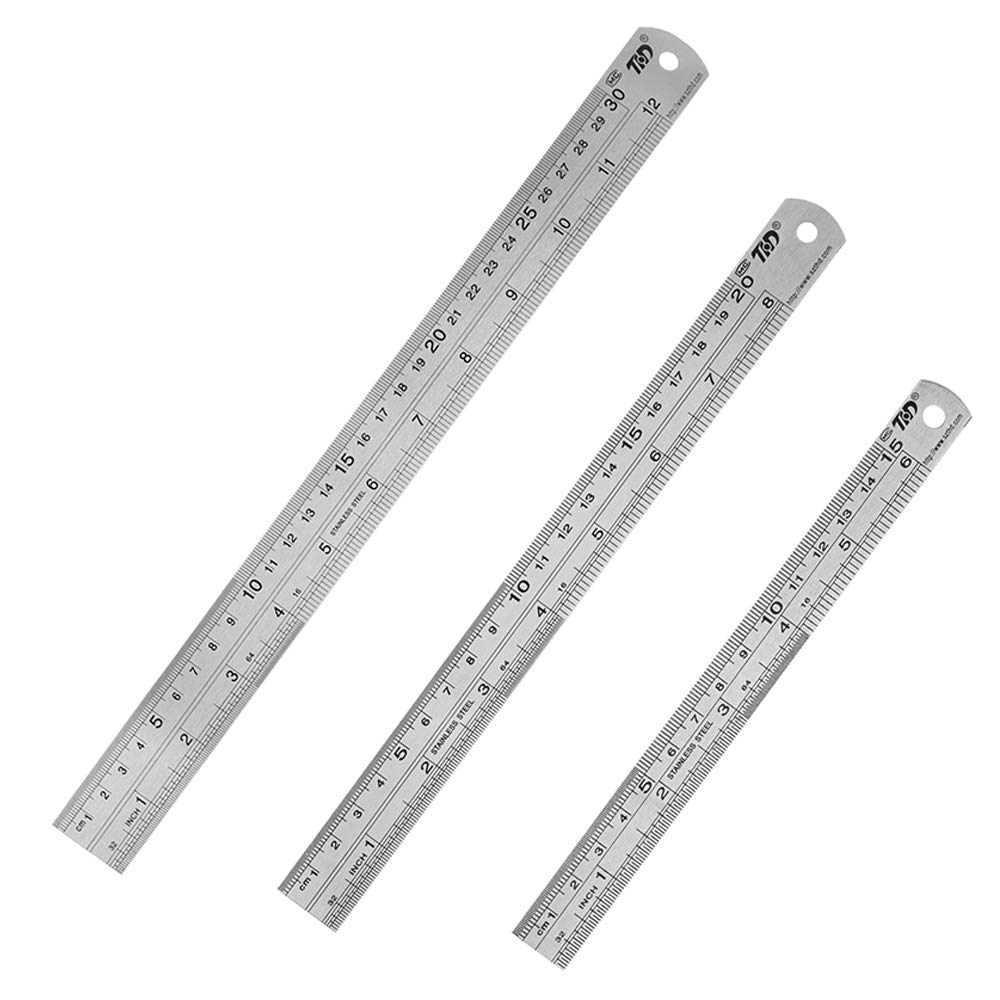 HIHUHEN Stainless Steel Ruler 15cm+20cm+30cm Office Ruler 3 Pieces Set Metal Rulers Kit for Engineering, Teaching (3 x Ruler)