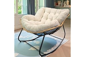 Giant Patio Rocking Chair with Cushion Indoor Outdoor Egg Chair Rattan Wicker Metal Frame Comfortable Modern Lounge Chair for