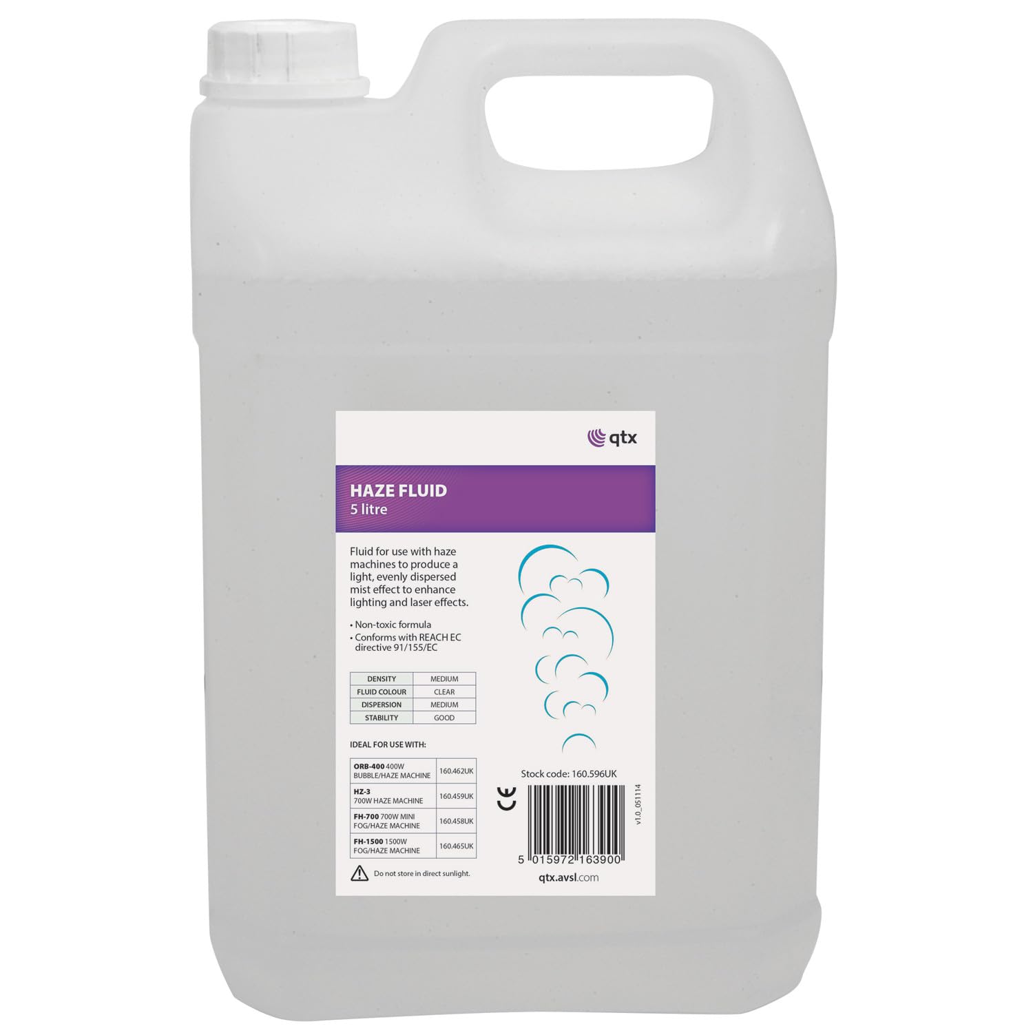 QTX | Haze Fluid 5L – Quality Fog Juice for All Smoke Machines – Medium Density, No Residue, Non-Toxic – Ideal for Gigs, Parties, Bonfire Night, Fireworks, Stage & Club Lighting