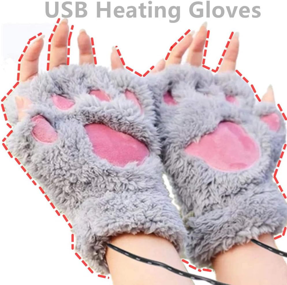 DECVO USB 2.0 Powered Stripes Heating Pattern Knitting Wool Cute Heated Paw Gloves Fingerless Hands Warmer Mittens Laptop Computer Warm Gloves for Women Men Girls Boys (Gray)