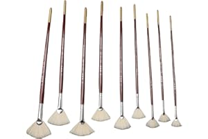 Fan Brush Set for Painting, 9Pcs Medium Stiff Hogs Bristle Brushes with Extra Long Handle for Acrylic, Oil, Watercolor