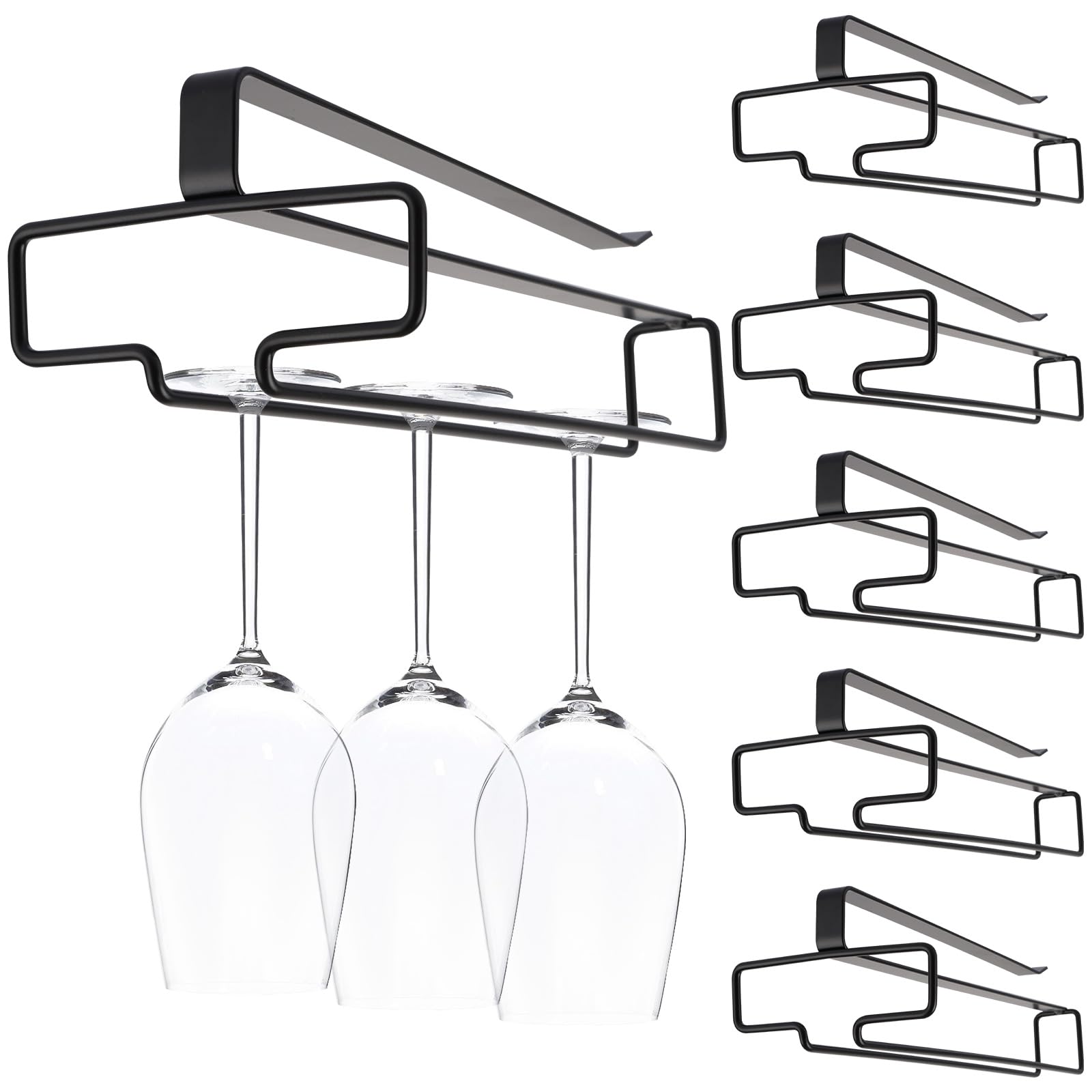 GBACHOOSE 6 Pack Wine Glass Holder, No Drilling Under Cabinet Wine Glass Rack, Steel Stemware Rack Hanger for Hanging Champagne Goblets Storage Organiser