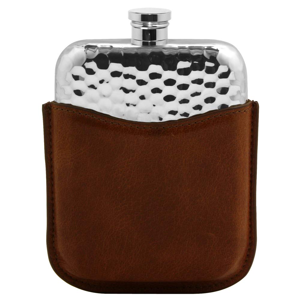 English Pewter Company 6oz Hammered Effect Hip Flask with Brown Leather Pouch [PLF03]