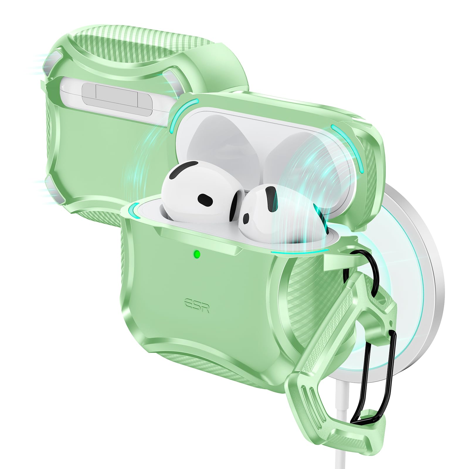 Photo 1 of ESR for AirPods 4 Case, Compatible with AirPods 4th Generation Case (2024), Compatible with MagSafe, Powerful Drop Protection, Magnetic Lid, Cyber Series, Light Green