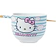 Silver Buffalo Sanrio Hello Kitty Blue and Pink Skies Ceramic Ramen Noodle Rice Bowl with Chopsticks, Microwave Safe, 20 Ounces