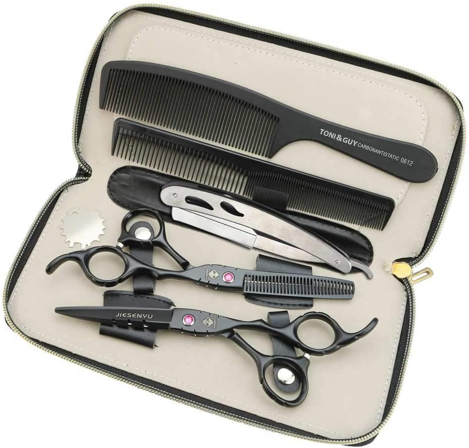 JIESENYUhigh-end Professional Hairdresser 6-inch Hairdressing Scissors 440C Steel Hair Salon Black (Set-1)