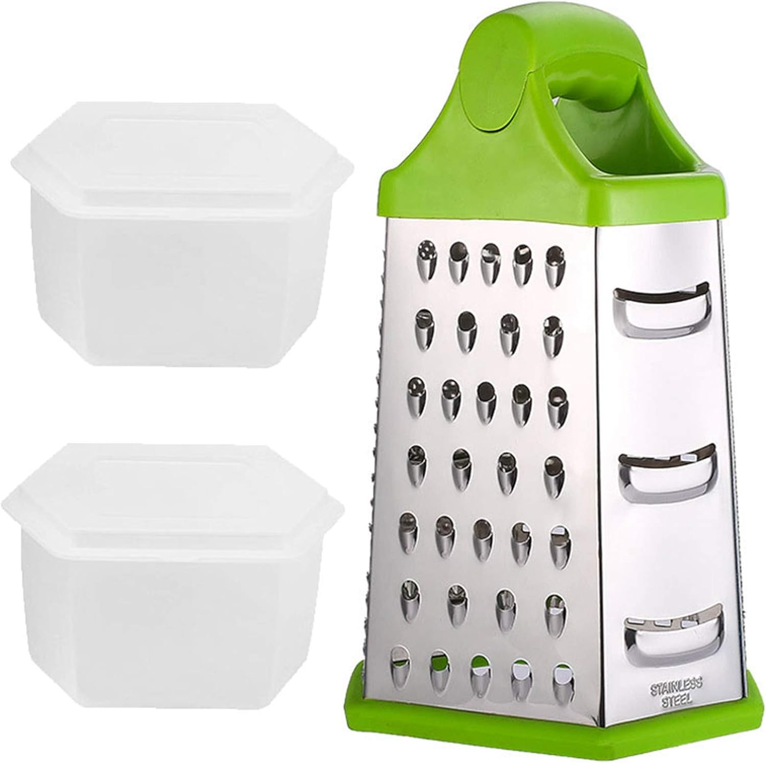 6-Sided Stainless Steel Box Cheese Grater Slicer for Cheeses Shredder Vegetables with Soft Grip Handle and Non-Slip Base, with 2 Attachable Storage Containers(9 inches)