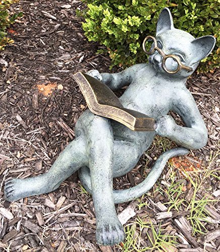 Outdoor Garden Patio Bookworm Feline Cat With Glasses Reading Book Tanning Under The Sun Statue Lawn Ornament Decor