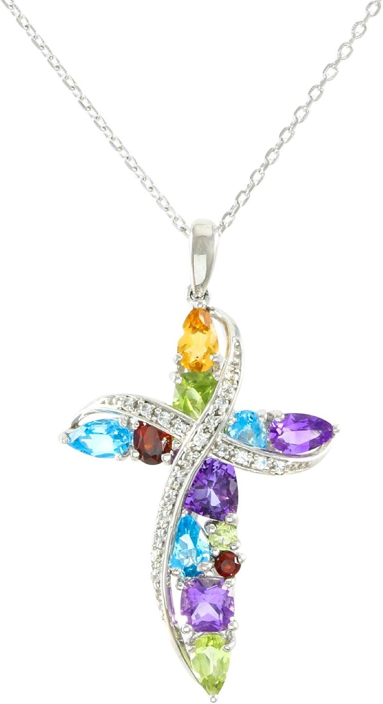 Glamouresq Sterling Silver 14k White Gold Finish Genuine Multi-Gemstone Cross Necklace 18" Long
