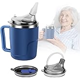 AKIMRABY Adult Sippy Cup, 14 oz Convalescent Feeding Cup with Silicone Spout for Bedridden People, 3 in 1 Spill Proof Stainless Steel Sippy Cups for Elderly Adults Drink Porridge Water Soup