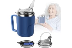 AKIMRABY Adult Sippy Cup, 14 oz Convalescent Feeding Cup with Silicone Spout for Bedridden People, 3 in 1 Spill Proof Stainless Steel Sippy Cups for Elderly Adults Drink Porridge Water Soup
