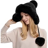 Winter Beanie Hats for Women with Ear Flaps Faux Fur Crochet Skull Cap Warm Outdoor Ski Snow Hats Pompoms