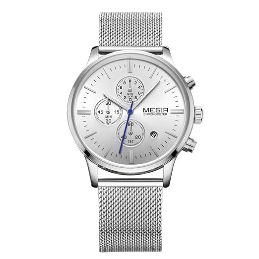 MEGIR Stahl Mesh Verbrauchsteile Business Mann Armbanduhr Quarzuhr mit Kalender und Sub Zifferblatt