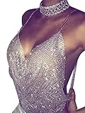 Simplee Apparel Women's Sexy Chain Halter Sleeveless Backless Metal Vest Sequin Crop Top (One Size, Silver Diamond)