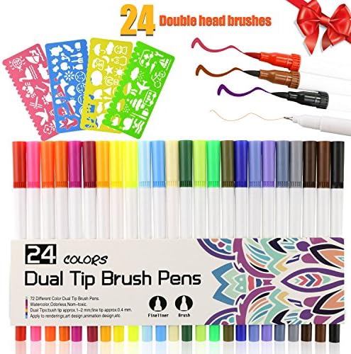 ONME 24 Colors Dual Tip Brush Pens, 0.4 Fineliners &amp; Brush Highlighter Pen Set for Bullet Journal Planner Note Taking and Coloring Book