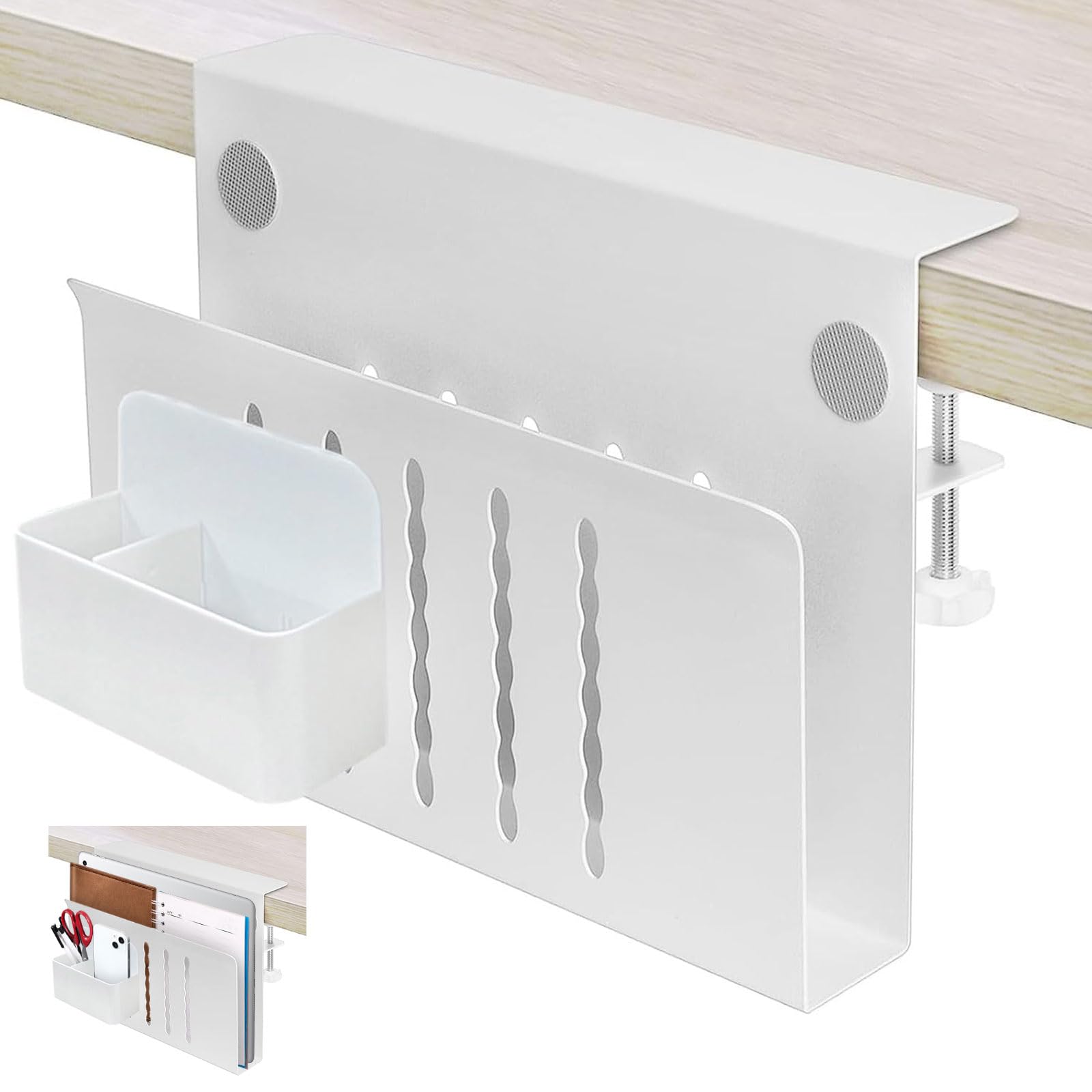Osseph 2 In 1 Side Desk Storage, 12 x 8 Inch Clamp On Organizer With Anti-Scratch Pad & Magnetic Pen Holder, No Drill Hanging Under Desk Laptop Holder Fits Flat Edge 0.3" to 2.3"