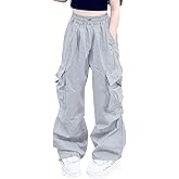Nanasait Girls Cargo Pants Elastic Waist Drawstring with Pockets Pants Light Grey 170CM,6-14 Years