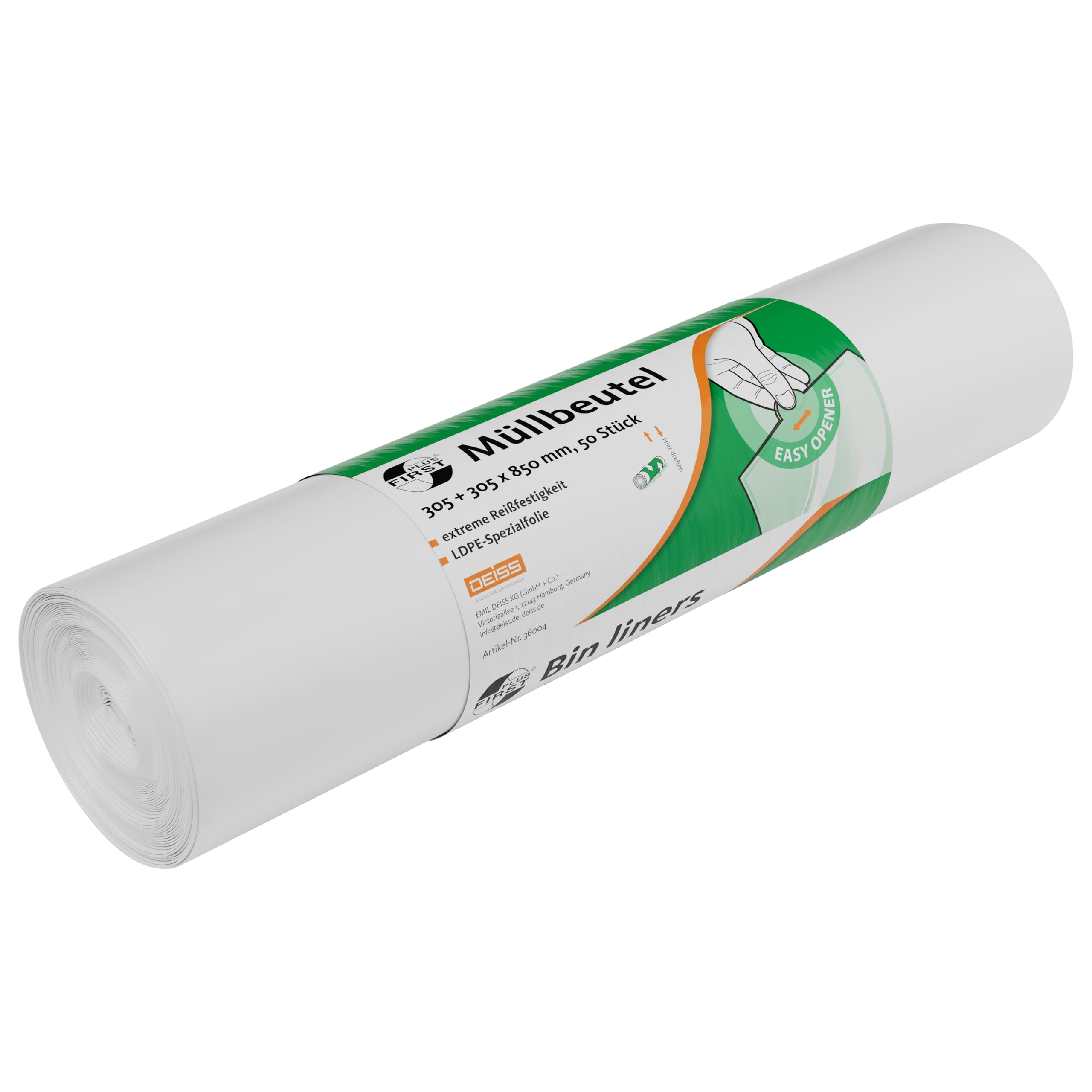 DEISS FIRST PLUS Made of LDPE, 1A material, 80 L, suitable for wire mesh baskets, white, 50 pieces/roll