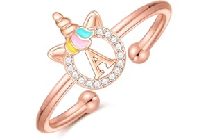 CIVOKINA Unicorn Rings for Girls, 14K Gold Plated/Rose Gold Plated/Sterling Silver Unicorn Rings for Kids Cute Initial Toddler Ring Adjustable Letter Rings for Teen Girls Gifts, Hypoallergenic, No Tarnish