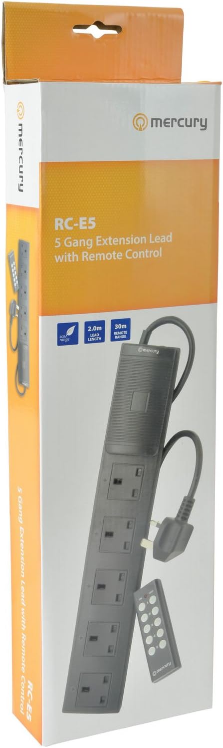 MERCURY 5 Gang Extension Lead 2m Black Surge Protection Remote Control