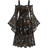 ROSE GAL Rosegal Plus Size Women Medieval Gothic Bell Sleeves Cold Shoulder Skulls Dress Halloween Dress