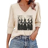Etyonfy Halloween 3/4 Sleeve V Neck Shirt for Women Funny Fall Spooky Graphic Tee Witch Pumpkin Ghost Holiday Tops