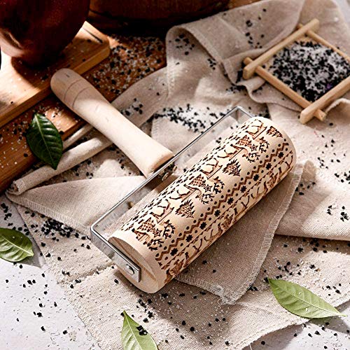 Koogel Christmas Pastry Roller with Handle, Winter Theme Roller Non-Stick Wooden Rolling Pin with Patterns Plus 5PCS Cookie Molds for Christmas Parties Family Parties Winter Theme Bakery Pastry