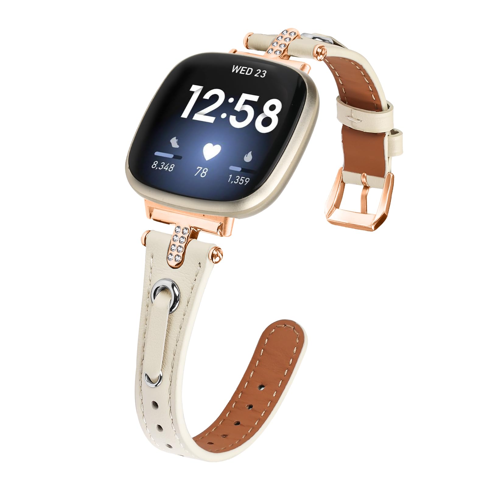 Leather Straps Compatible with Fitbit Versa 4/Versa 3 Strap for Women, Genuine Leather Wristband Metal Bling Rhinestone Replacement Watch Band Strap Bracelet for Sense 2/Sense (Starlight/Rose Gold)