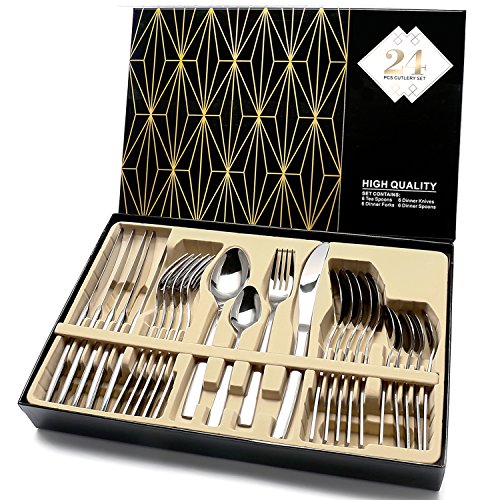 HOBO Silverware Set,24-Piece Stainless Steel Flatware Sets High-grade Mirror Polishing Cutlery Sets,Multipurpose Use for Home,Kitchen,Restaurant Tableware Utensil Sets with Gift Box Service for 6