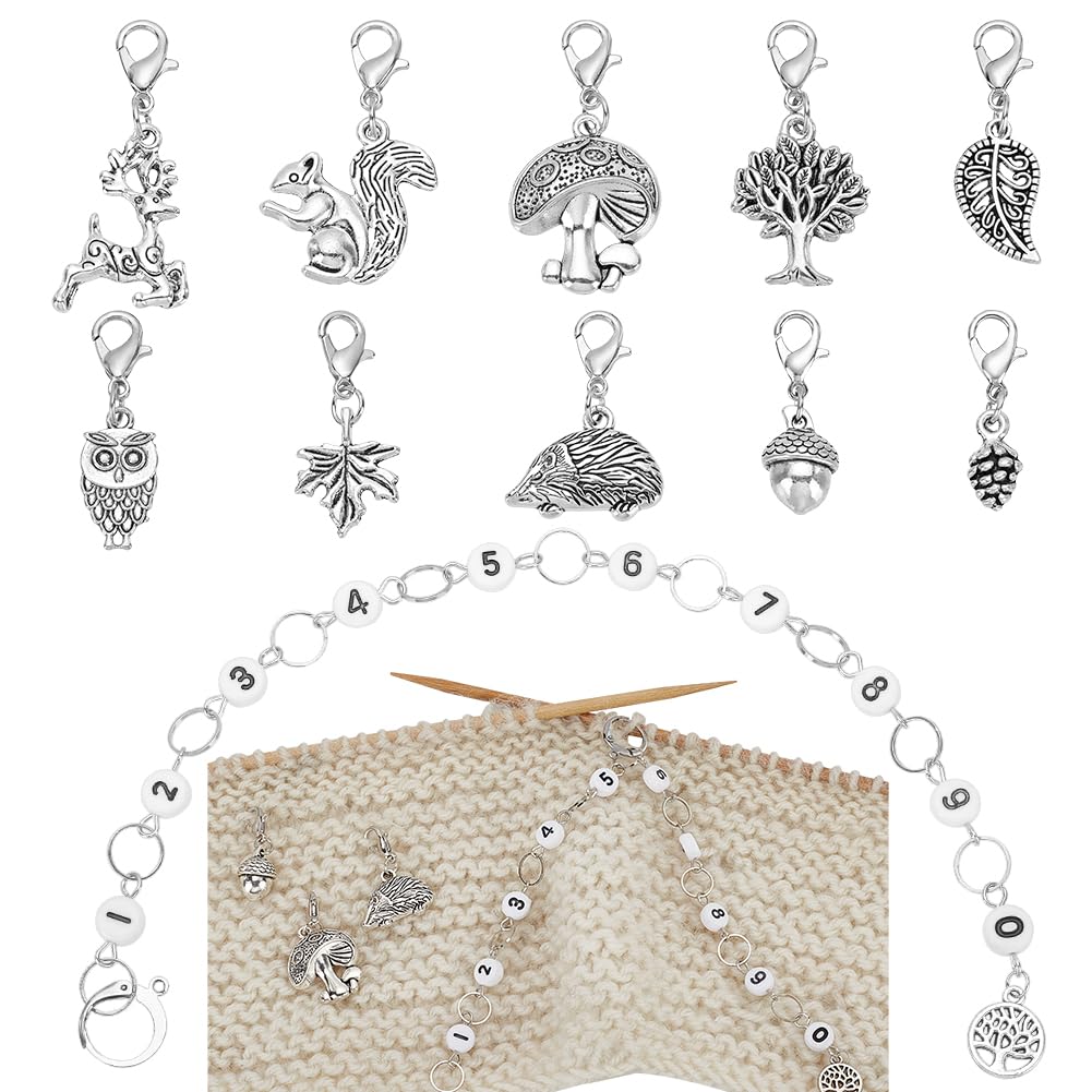 BENECREAT 11Pcs Acrylic Number Knitting Row Counter Chains and Alloy Autumn Theme Charm Locking Stitch Markers with Lobster Claw Clasps for Knitting Weaving Sewing Accessories, Antique Silver