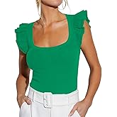 BONITEE Women Summer Ruffle Tops Sexy Square Neck Short Sleeve Shirts Trendy Casual Ribbed Slim Fitted Knit Tees Blouse