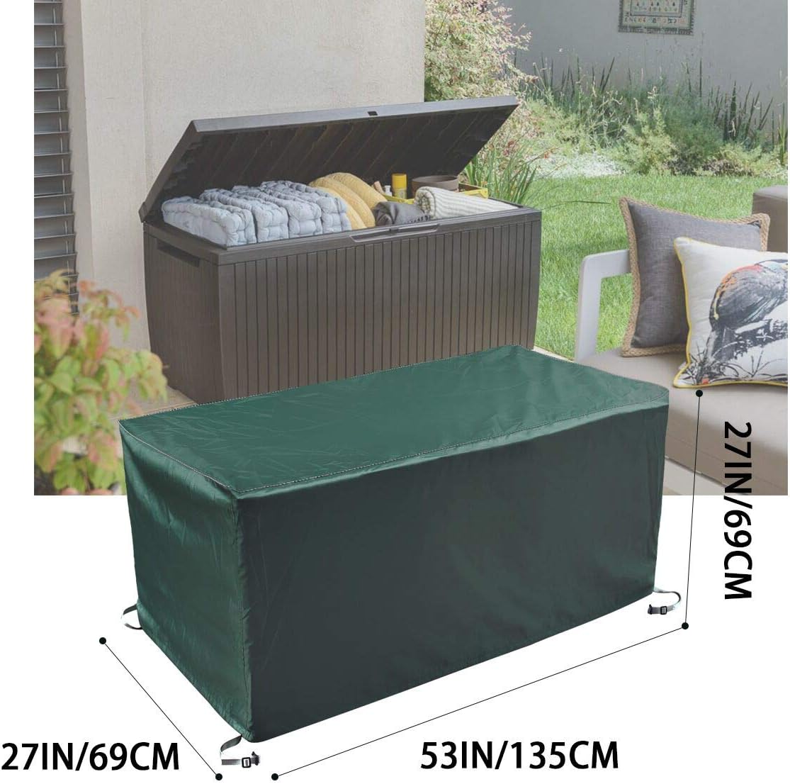 Deck Box Covers,Storage Box Cover with Straps and Handles,Patio Deck Box Cover fit for Deck Boxes(Dark green，52‘’）: Home Improvement
