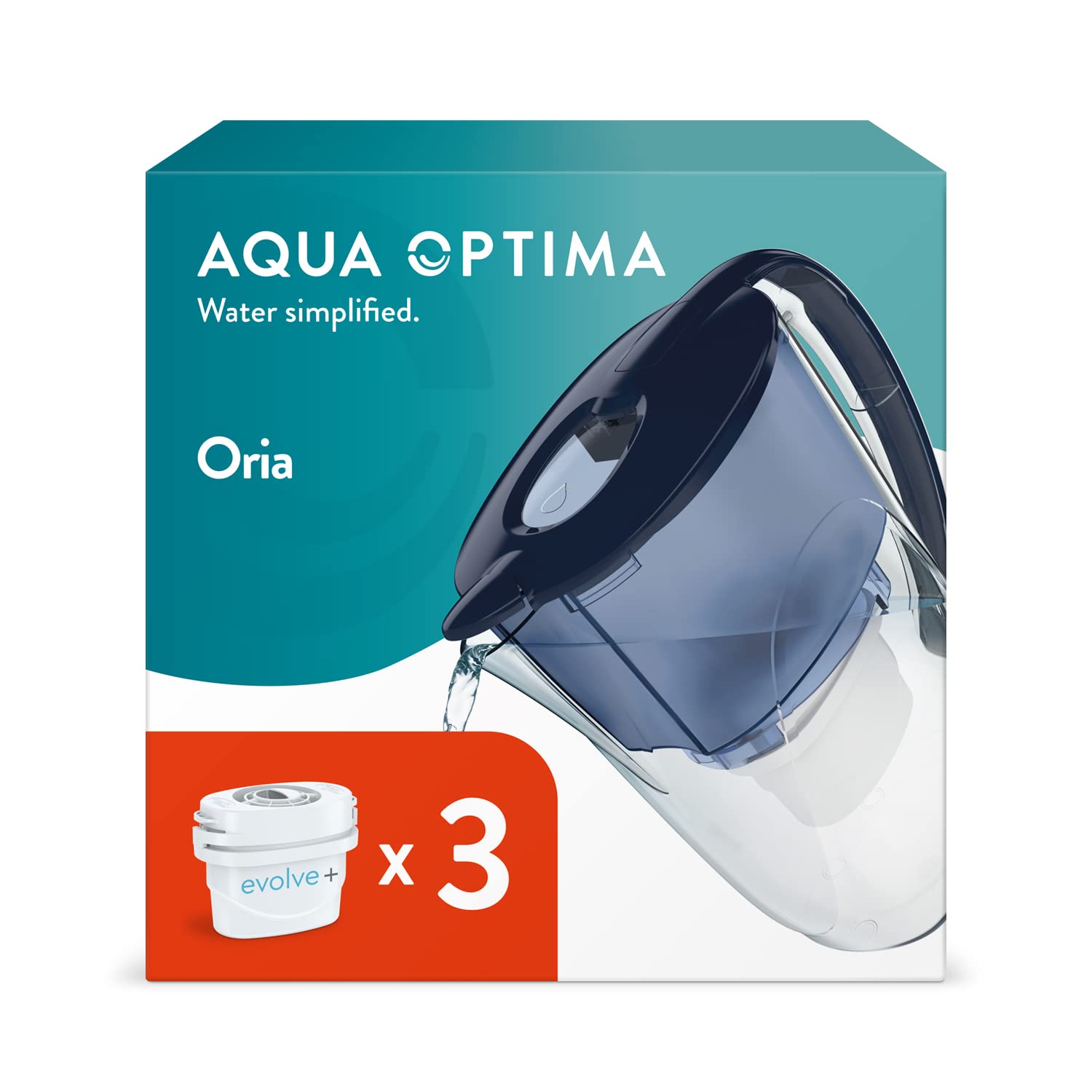 Aqua Optima Oria Water Filter Jug & 3 Evolve+ Filter Cartridge 2.8L Blue - Fridge & Dishwasher Friendly, Easy Fill - Reduces Limescale, Chlorine & Other Impurities - By LAICA (Packaging May Vary)