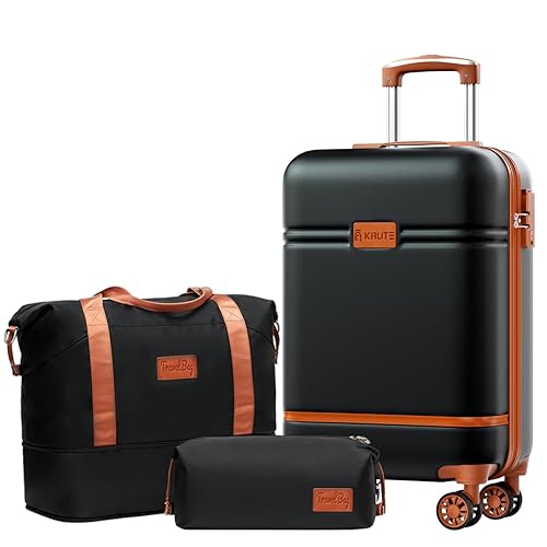 Krute Carry On Luggage Sets 3 Pieces Suitcase Set Hard Shell PC+ABS Airline Approved Suitcases with Spinner Wheels TSA Approved 20 Inch Luggage (BlackBrown)