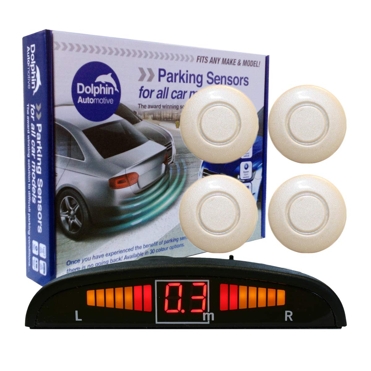 Dolphin DPS450 Reverse Parking Sensors In 32 Colours 4 Ultrasonic Radar Sensors Kit Audio & Display Alert System - Pearl White