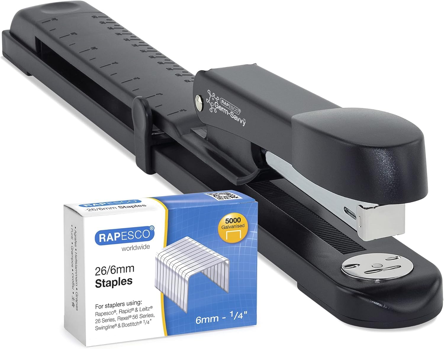 Rapesco 1464 Germ-Savvy Antibacterial, Marlin Long Arm Stapler & 5000 x 26/6 mm Staples, Black