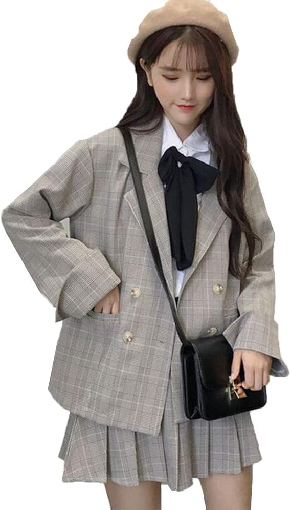Amazon Jinpin レディース スーツ スカート テーラード ジャケット 2点セット 上下セット コート スカートスーツ セットアップ Jk 制服 プリーツスカート フォーマル セット カジュアル 通勤 チェック柄 学院風 森ガール 長袖 おしゃれ 春秋 スカートスーツ 通販