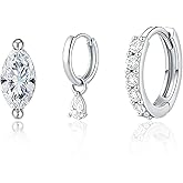 3 Pcs 14K Gold Stud Earrings for Women - Dainty Hypoallergenic Flat Back Cartilage Earring Sets for Multiple Piercing - Small Dangle Huggie Hoop Stud Earrings Stacks