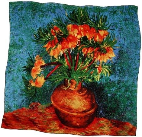 Zavetti Women's Scarf Silk Satin Van Gogh"Fritillaries in a Copper Vase" Orange