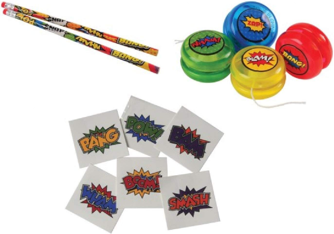 CVN Awesome 168-Piece Superhero Theme Party Favor Set / 12 Pencils / 12 Mini-YoYos / 144 Superhero Tattoos