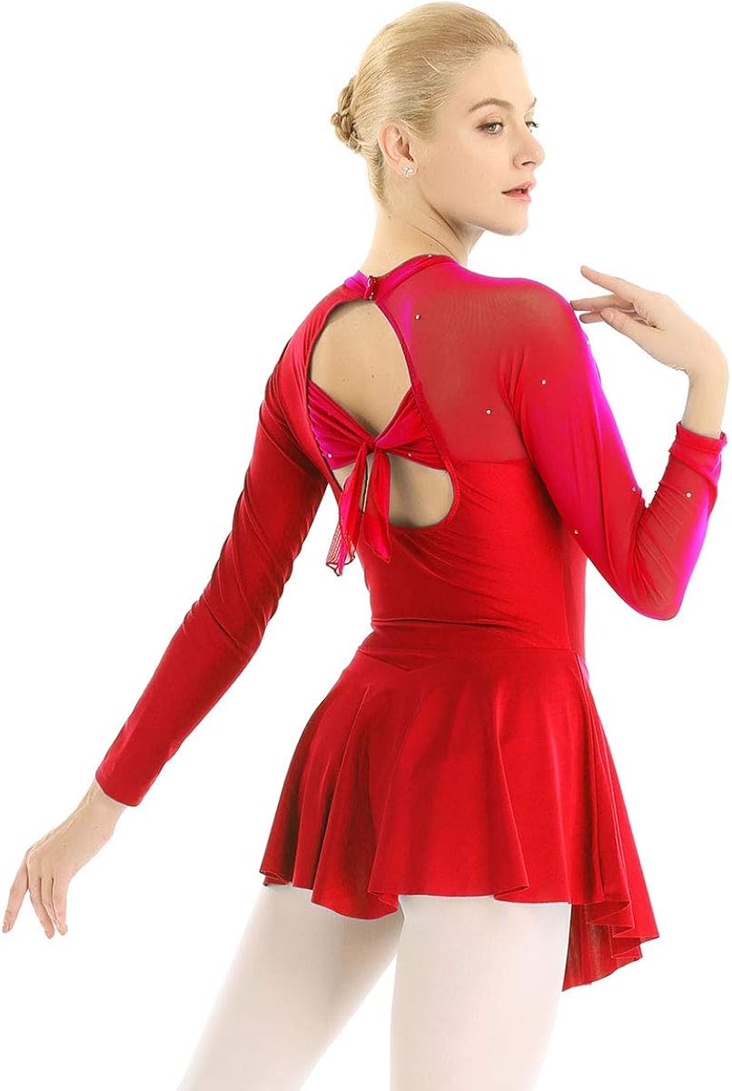 CHICTRY Women's Long Sleeve Mesh Skirt Figure Skating Dress Built in Briefs Ballet Dace Wrap Skirt: Clothing