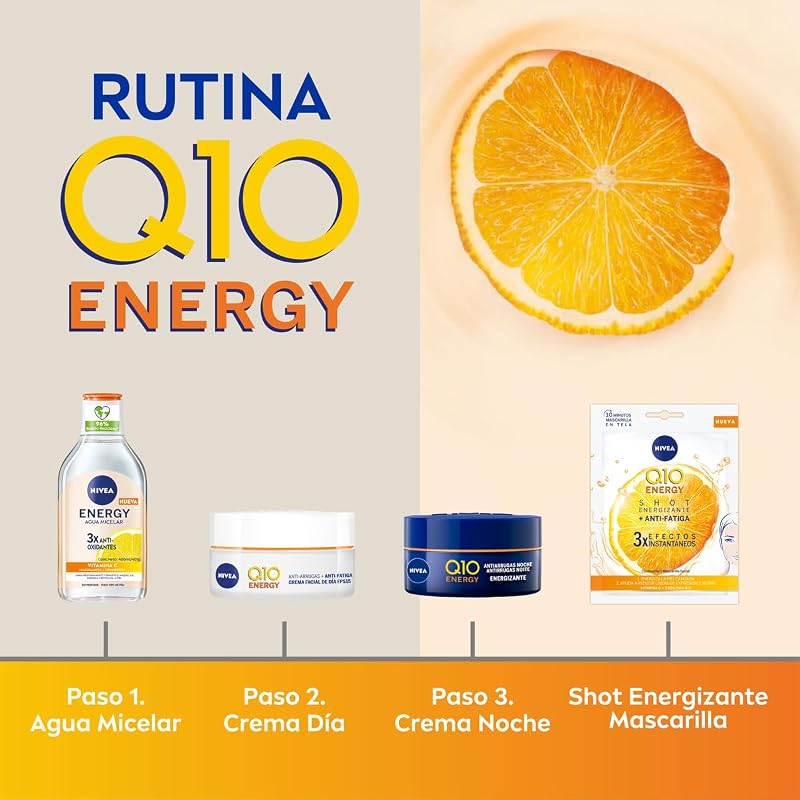 Q10 Energy Mascarilla de Tejido con Vitamina C (1 ud) - Mascarilla Antiarrugas, 3 Efectos Instantáneos, Coenzima Q10, Vitaminas - Piel Seca, Mixta, Normal - 1 Unidad