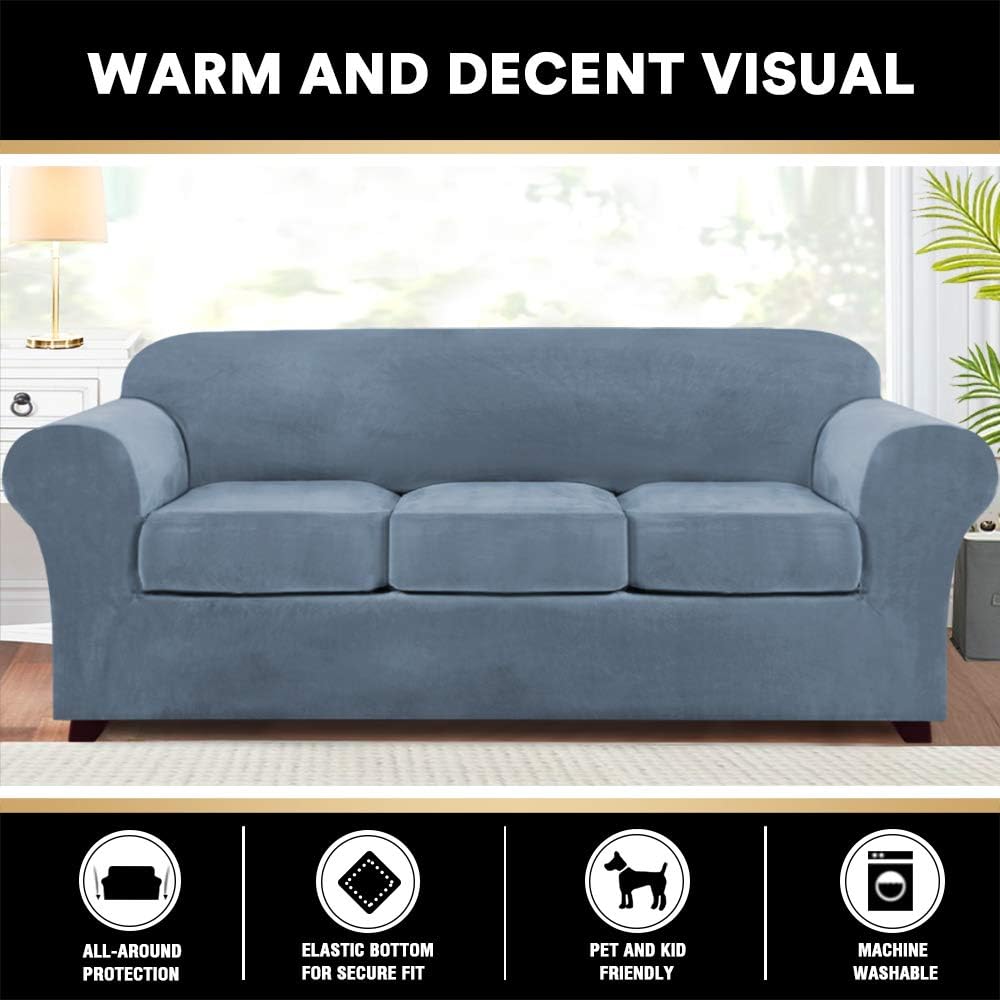 4 Pieces Sofa Covers Stretch Velvet Couch Covers for 3 Cushion Sofa Slipcovers Soft Sofa Slip Covers with 2 Non Slip Straps Furniture Covers with 3 Individual Seat Cushion Covers (Sofa, Stone Blue): Furniture & Decor