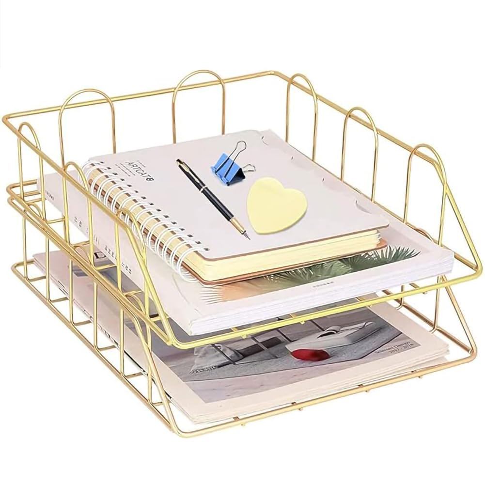 LELYFIT 2 Tier A4 Metal in Trays, Stackable Office Desk Tidy File Holder, Magazine Storage Paper Organiser (Gold)