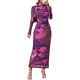 MEROKEETY Women's Spring Wedding Guest Dress 2026 Long Sleeve Bodycon Floral Mesh Fall Cocktail Holiday Party Maxi Dresses
