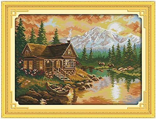 Cross Painting Show Sunset Patterns Counted Cross Stitch DIY 11CT Printed 14CT Cross Stitch Set Landscape Cross-Stitch Kit Embroidery Needlework (Cross Stitch Fabric CT Number : 14CT Blank Canvas)
