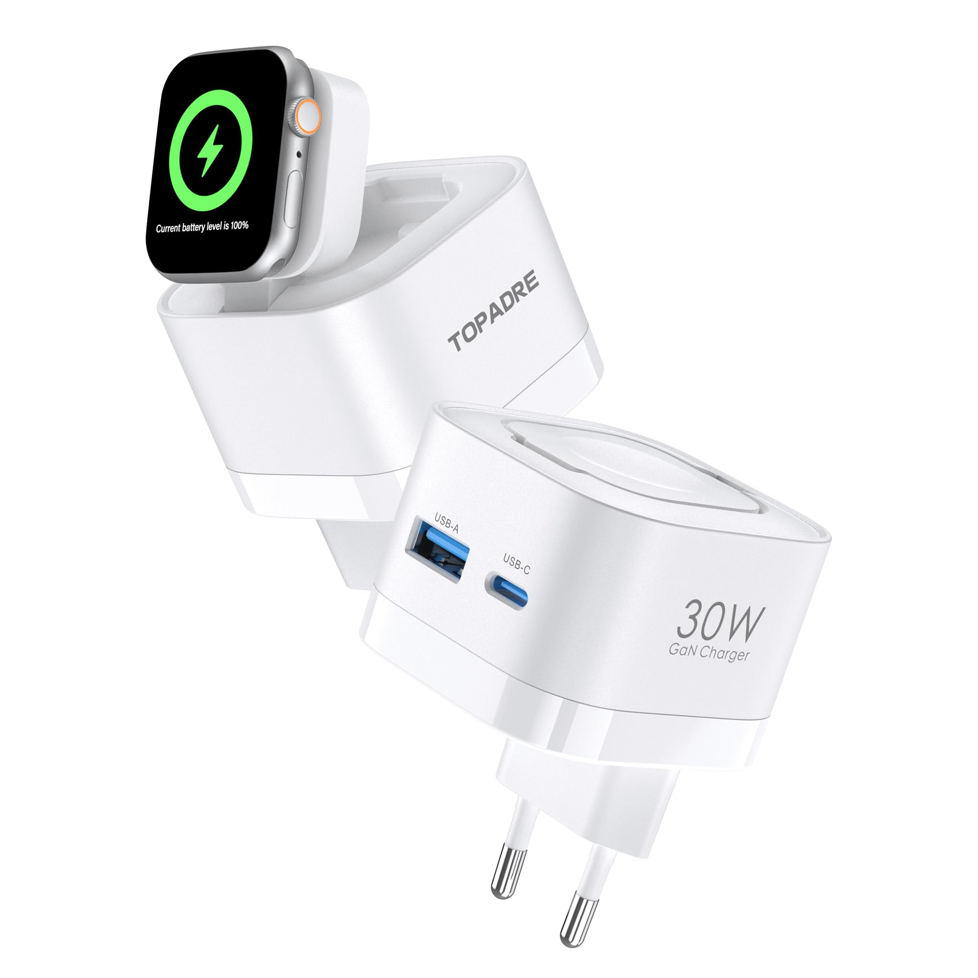 TOPADRE 30W Ladegerät für Apple Watch, 3-in-1 30W USB C iPhone Ladegerät PD 3,0 Schnellladegerät Apple Watch 11/10/9/8/Ultra/SE, USB C Ladekabel für iPhone17/16/15 Pro Max, für iPad Air/Airpods, Weiß